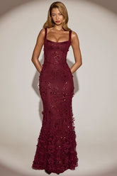 Embellished Appliqu¨¦ Soft-Scoop Corset Gown in Wine Red