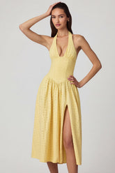 Vestido midaxi de cuello halter con bordado inglés modal en amarillo limón