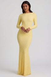 Vestido maxi de encaje sin espalda fruncido en amarillo pastel