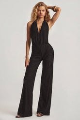 Devor¨¦ Halterneck Open-Back Jumpsuit in Black