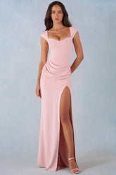 Vestido maxi con cuello sweetheart, cintura drapeada y fruncida en rosa ruborizado de Modal
