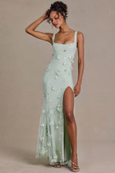 Vestido Corpiño Adornado en Verde Salvia