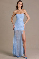 Vestido corsé de encaje adornado en azul cielo