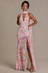 Maxivestido con estampado floral rosa, con detalle de bufanda y adornos