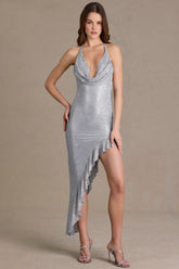 Embellished Plunge Asymmetric Maxi Dress in Silver