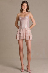 Embellished Corset Mini Dress in Beige Gold