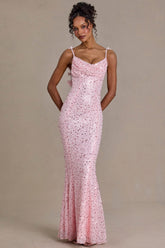 Vestido maxi con espalda abierta embellecida en rosa bebé