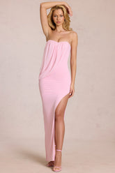 Vestido largo sin tirantes drapeado en rosa Blossom