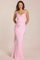 Vestido maxi de chifón con estampado floral rosa