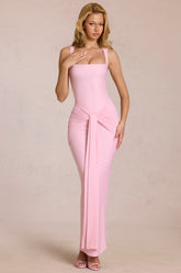 Vestido maxi fruncido con escote cuadrado y lazo en rosa Blossom