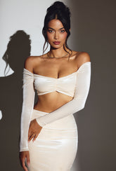 Velvet Off-Shoulder Ruched Crop Top in Ivory