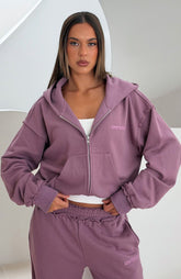 Sudadera con capucha y cremallera frontal holgada "On My Own Terms" color ciruela polvorienta
