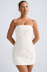Floral-Appliqu¨¦ Bandeau A-Line Mini Dress in White