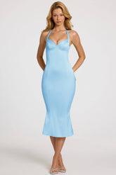 Vestido Midaxi Sirena de Raso con Escote Corazón en Azul Pastel