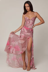 Vestido Corsé Asimétrico Fruncido con Estampado Floral Difuminado