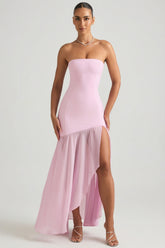 Vestido maxi de cola de pez, sin tirantes asimétrico, en rosa pálido