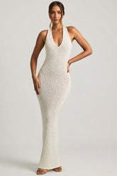 Boucl¨¦ Halterneck Maxi Dress in White