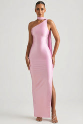 Vestido largo asimétrico con detalle de bufanda en rosa suave