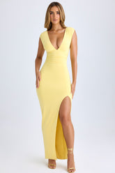 Vestido maxi modal con cuello pronunciado y abertura lateral en amarillo sorbete