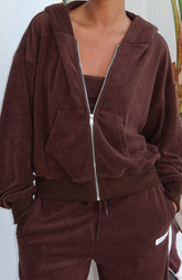 Sudadera con capucha y cremallera frontal holgada Terry de Causing Commotion, color chocolate