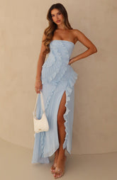 Vestido Largo sin Tirantes Pétalo Delicado Azul Claro