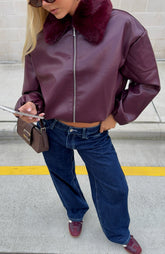 Chaqueta bomber de PU sin competencia, color burdeos