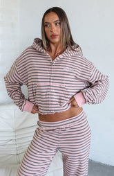 Sudadera con capucha y cremallera frontal holgada a rayas rosas Looking Back