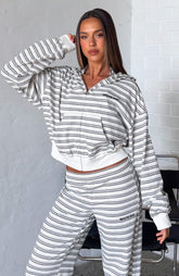 Sudadera con capucha y cremallera frontal holgada "Looking Back" con rayas blancas