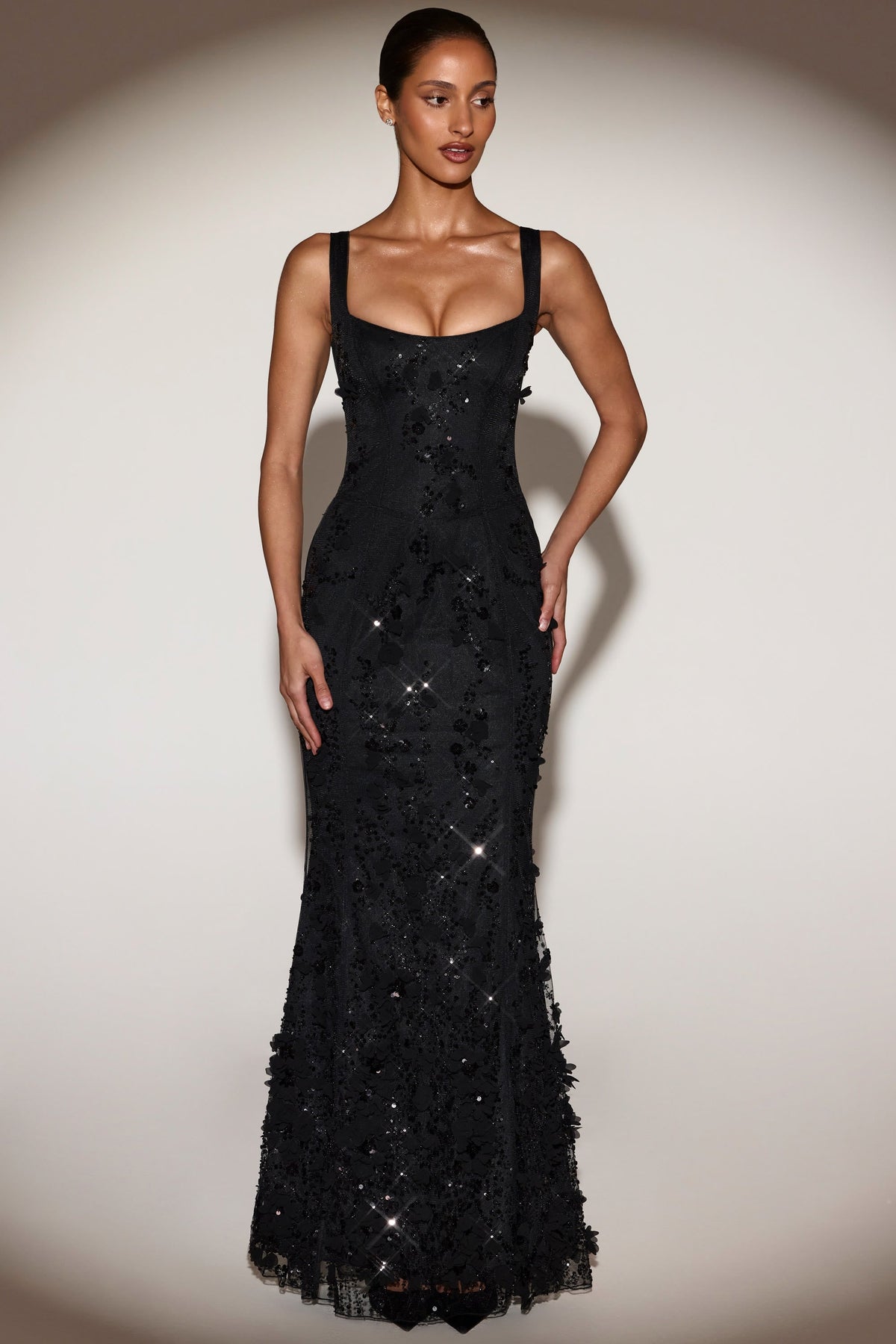 Embellished Appliqu¨¦ Soft-Scoop Corset Gown in Black