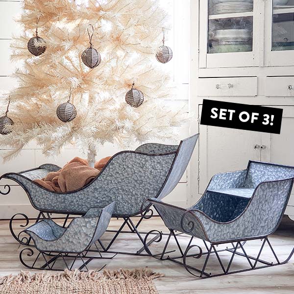 HUMONGOUS Galvanized Metal Christmas Sleighs, Set of 3