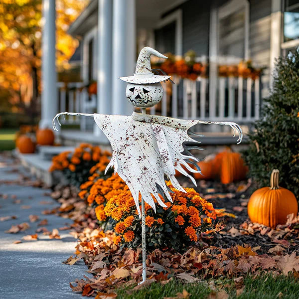 Rustic White Metal Scarecrow Yard Stake