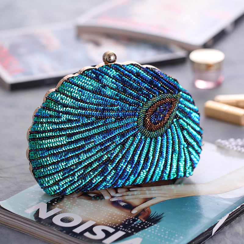 Astrid | Women's Sequin Glitter Peacock Beaded Clutch Party Bag