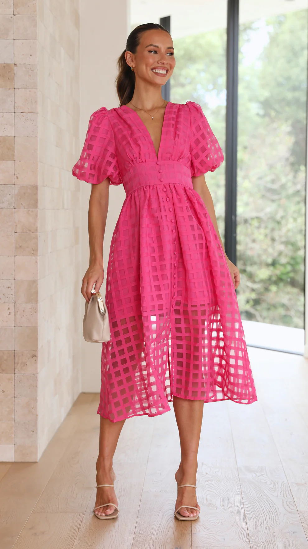 Bailey | Women's Grid Textured Puff Sleeve Midi Wedding Guest Dress