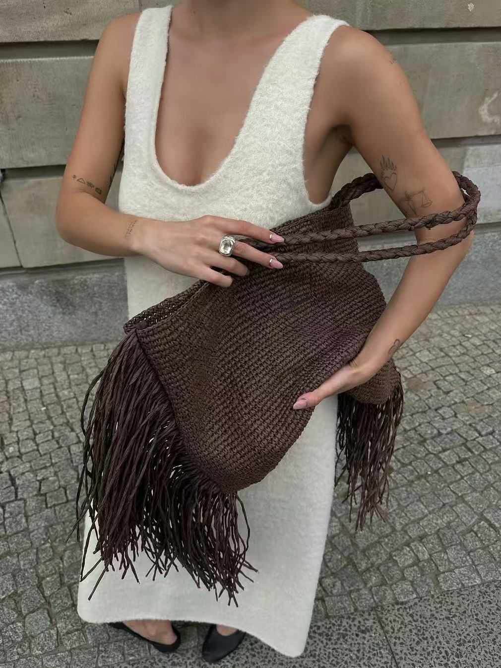 Claire | Women's Woven Fringe Shoulder Tote Beach Bag