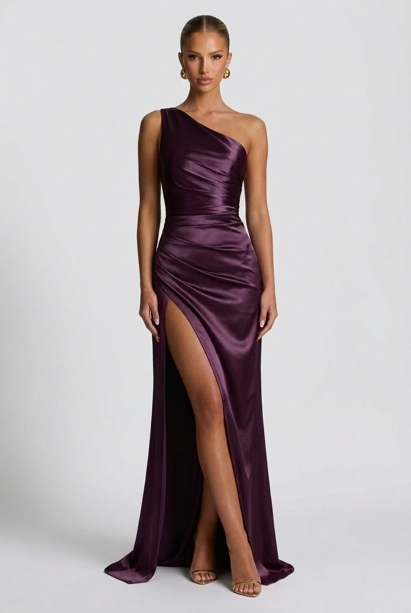 Daphne | Women's One-Shoulder Satin Maxi Autumn Occasion Dress with Split