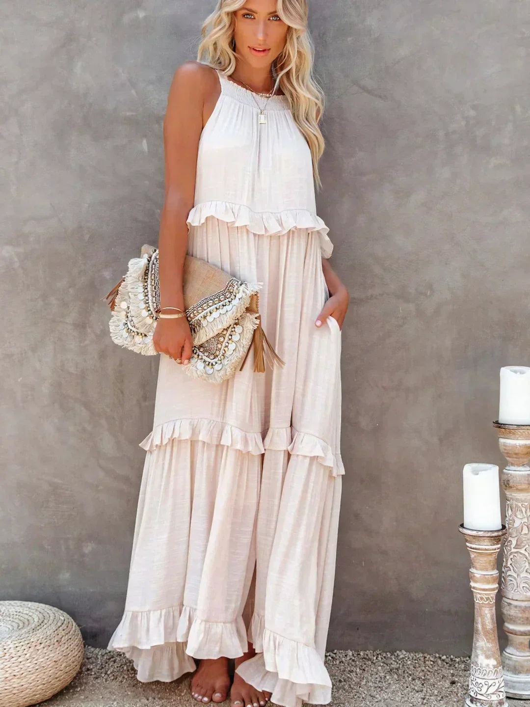Gabriella | Women's Tiered Ruffle Trim Sleeveless Maxi Summer Dress