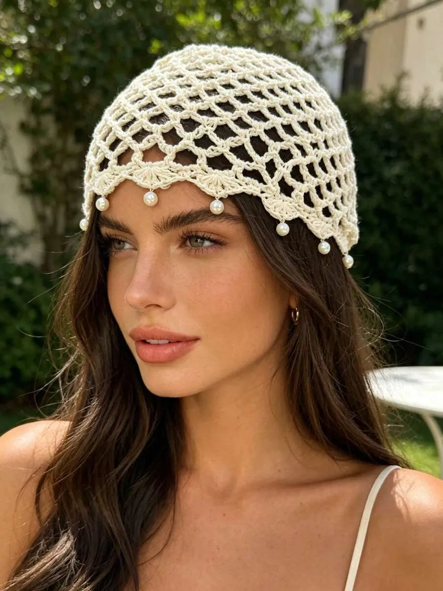 Joy | Women's Crochet Pearl Beaded Festival Vacation Head Beanie