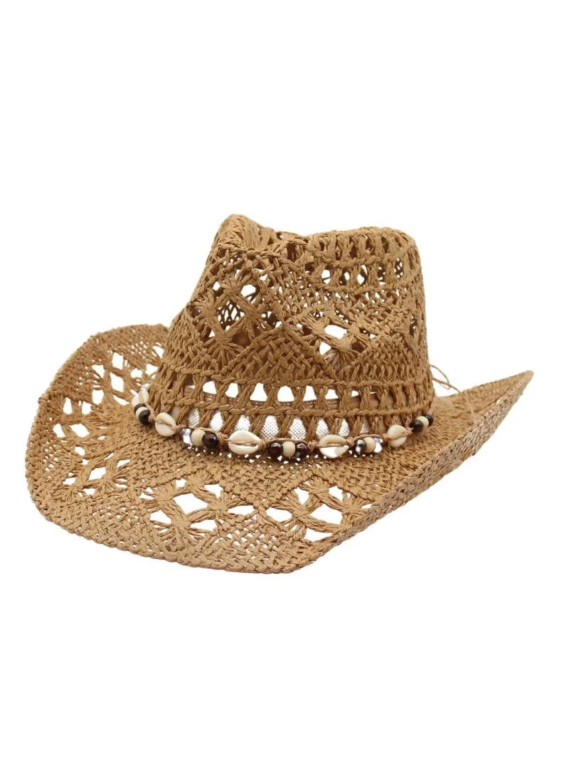 Lucia | Women's Crochet Beach Cowboy Hat with Shell Bead Band