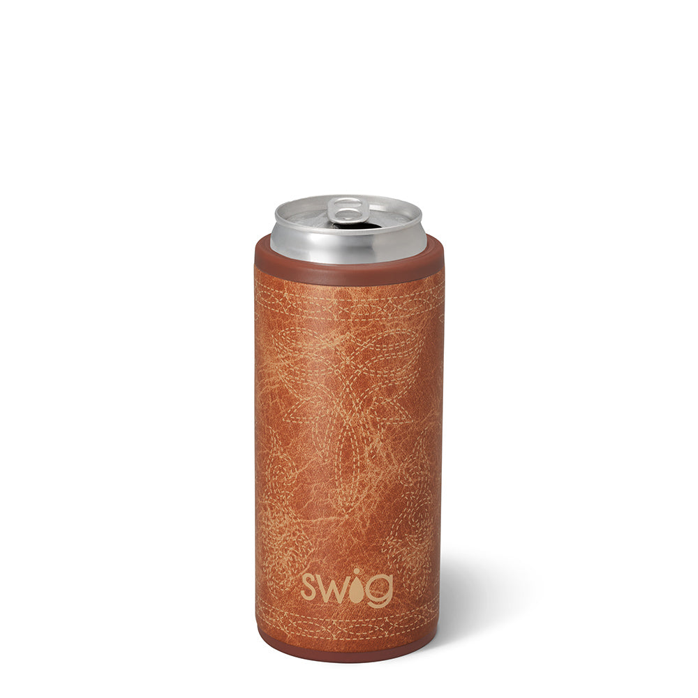 Swig Saddle Stitch Cognac Skinny Can Cooler 12oz