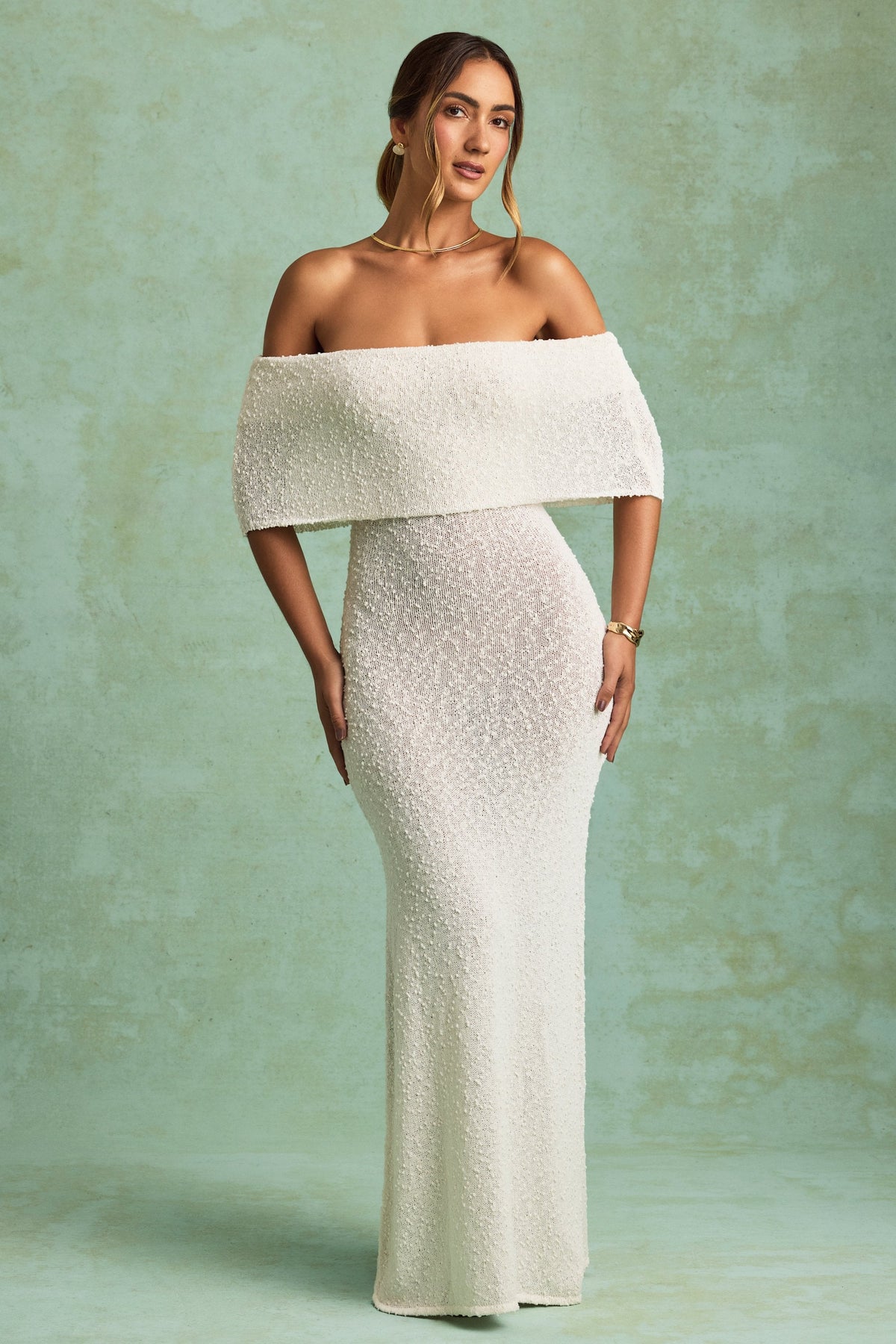 Boucl¨¦ Off-Shoulder Maxi Dress in White